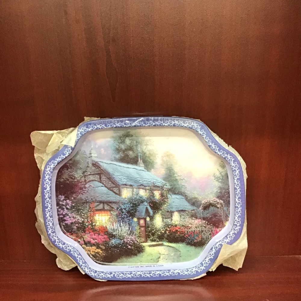 Thomas Kinkade 1992 Tin Serving‎ Tray Cottage Garden Scene Blue Floral Border - Picture 5 of 9